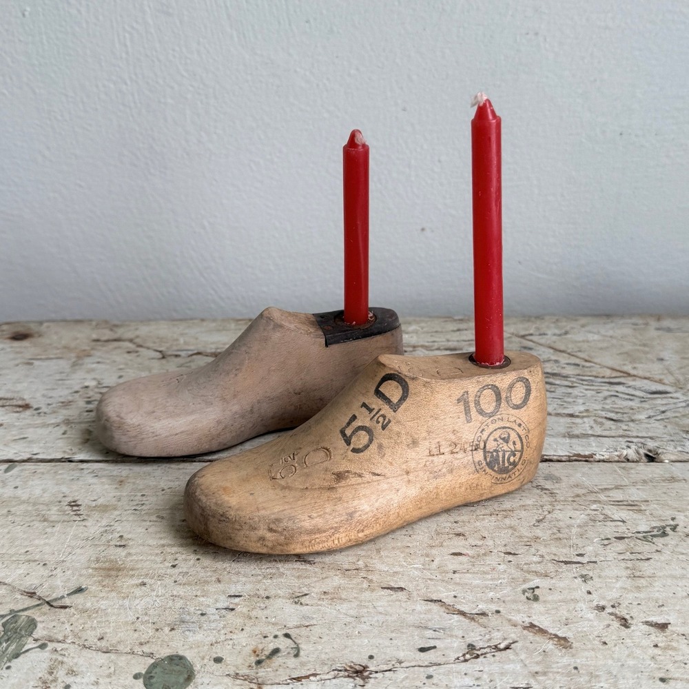 Vintage Wooden Child Shoe Candle Holders Last Taper Set of 2